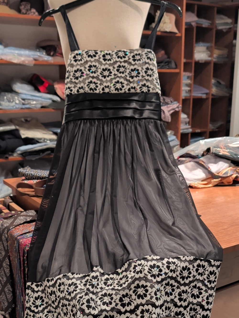 R&M Richards Black & White Lace Evening Dress with Rhinestones